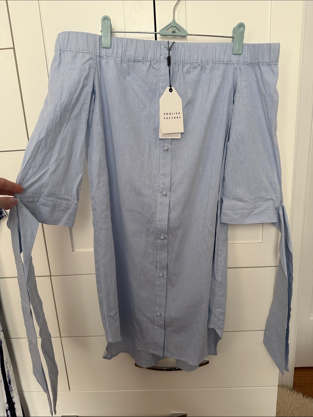 English Factory Blue and White Stripe Off-Shoulder with Tie Sleeves